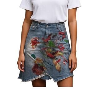 Soolinen Denim Offset Raw Hem Embellished Painted Rhinestone BOHO Skirt Medium